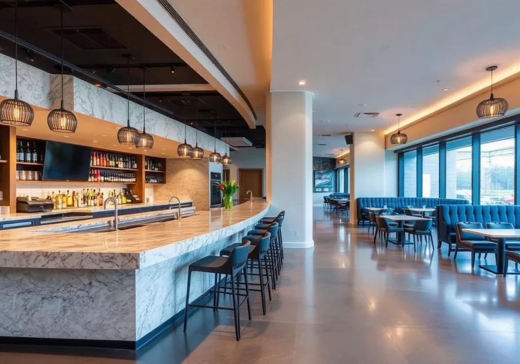 A spacious, upscale commercial restaurant and bar design featuring an expansive, curved stone bar countertop with a matching marbled front facade and hanging pendant lights.