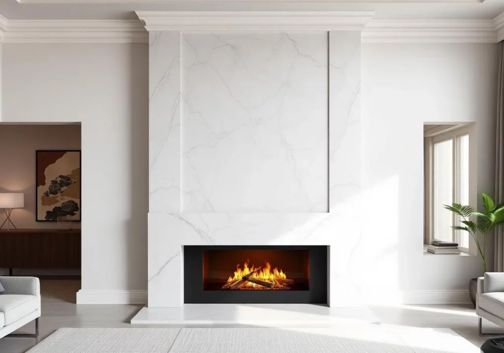 A modern minimalist living room featuring a grand floor-to-ceiling fireplace surround crafted from elegant white stone with subtle grey veining.