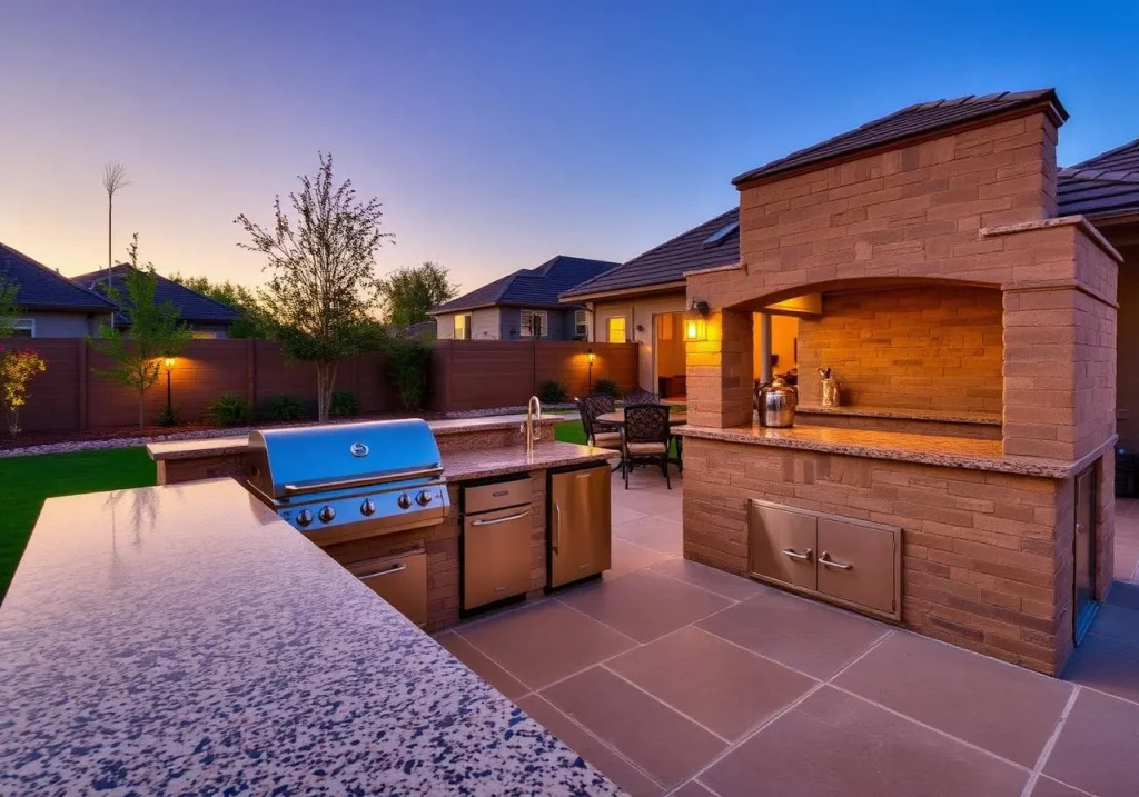 A luxurious backyard patio remodel featuring custom granite countertops installed on an outdoor kitchen island, equipped with a stainless steel grill, mini-fridge, and a large brick fireplace structure.